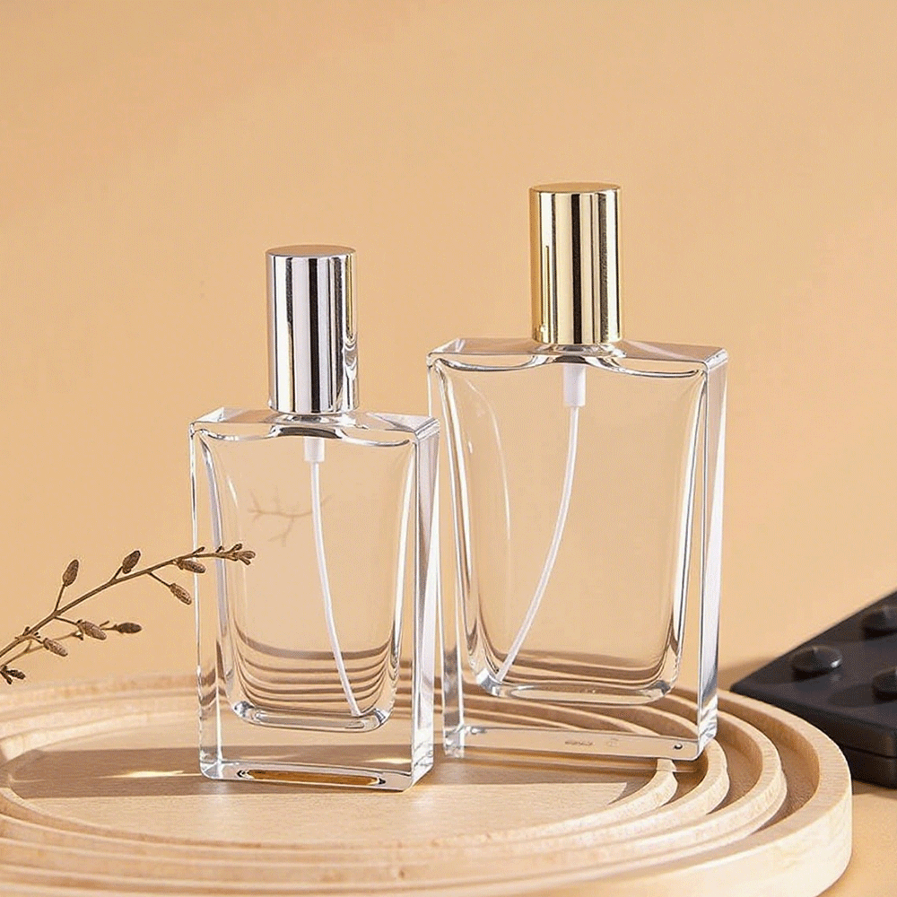 Transparent 30ml 50ml Flat Square Spray Perfume Glass Bottle