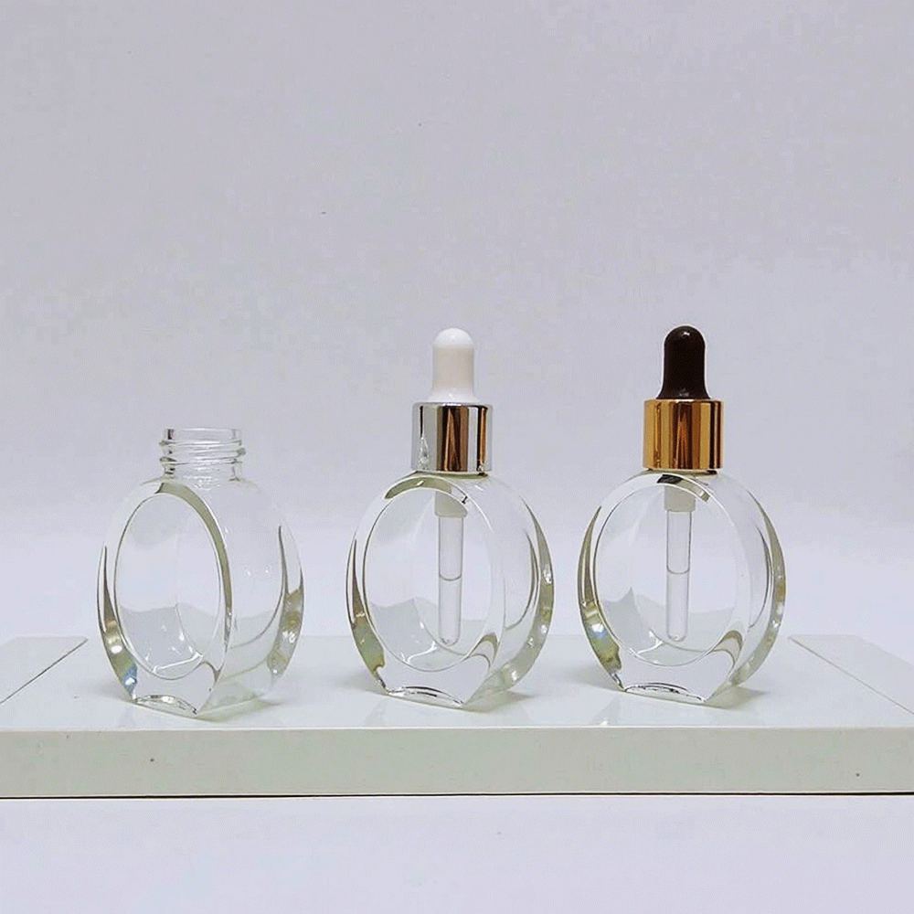 60ml Transparent 60ml Cosmetic Oblate Round Essential Oil Glass Dropper Bottle